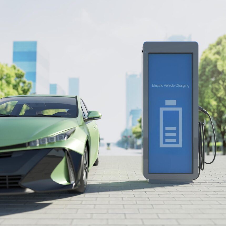 A sleek electric car parked under a blue sky, with charging cables plugged in at a modern EV charging station, symbolizing the future of sustainable transportation.