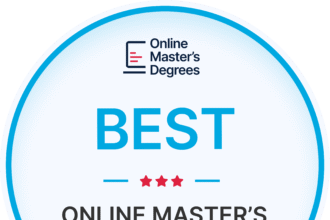 student studying on a laptop with the text "Online Master's Degree in Accounting