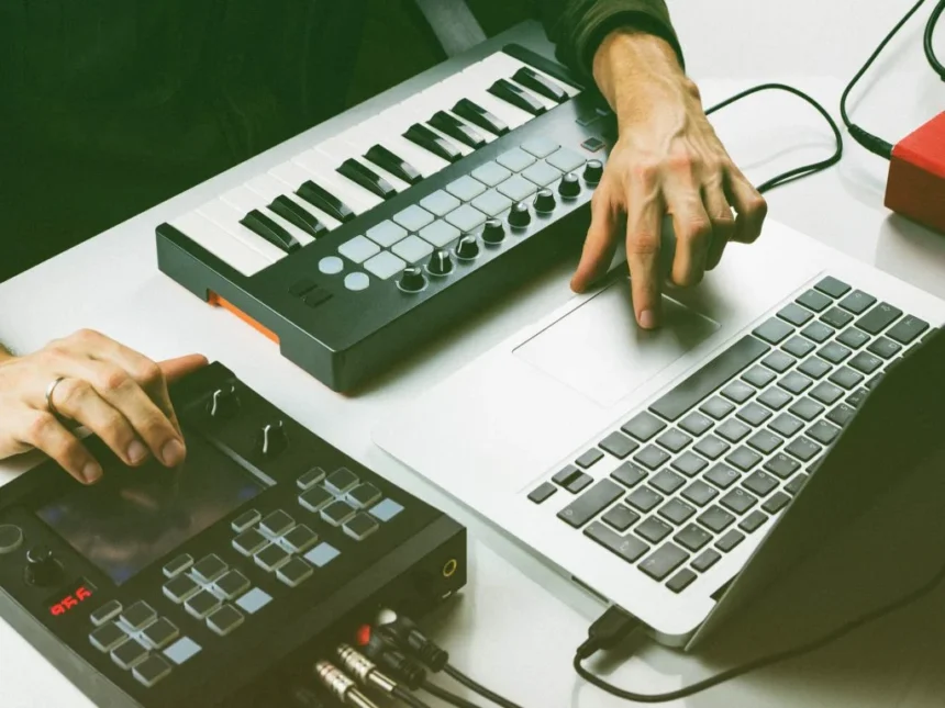 Samsung T7 Shield portable SSD sitting on a studio desk next to a laptop running a DAW (Drives)
