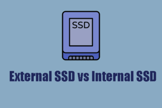 A side-by-side comparison of an internal NVMe SSD, a 2.5-inch internal SATA SSD, and a sleek external SSD, illustrating the core choice in the internal vs external SSD debate